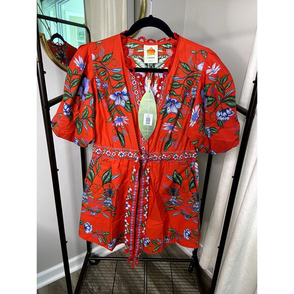 Farm Rio Red Sweet Bloom Bouquet Romper size M medium - Picture 2 of 6